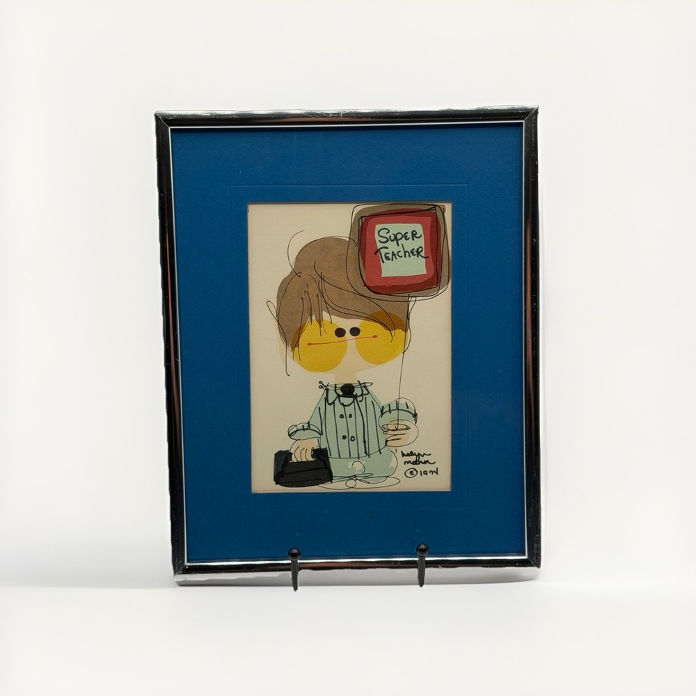 Helyn Mann Signed Watercolor 1974 "Super Teacher" Framed Cartoon Art
